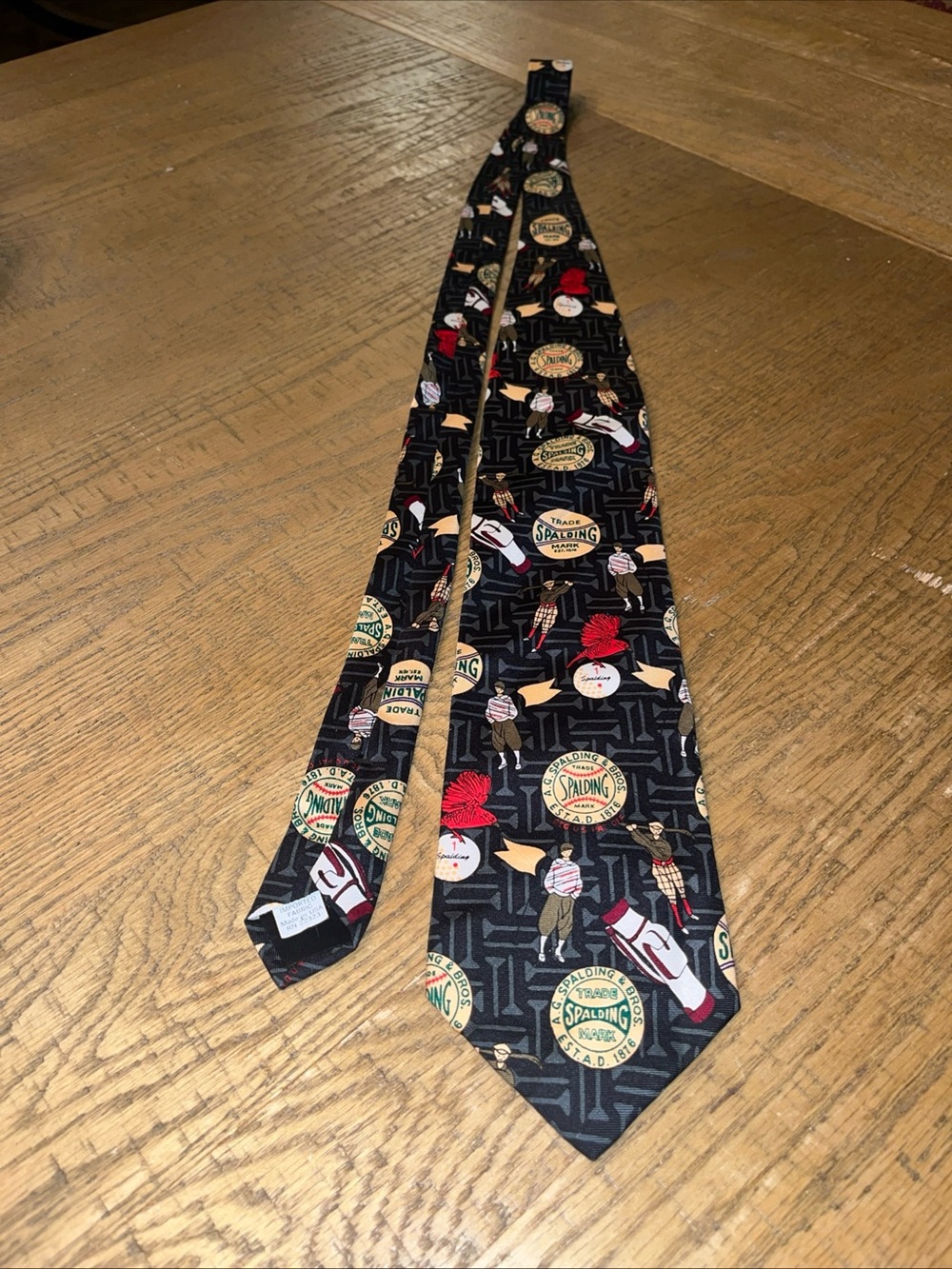 Spalding Men's 100% Silk Abstract Novelty Golf Tie Black Multicolor